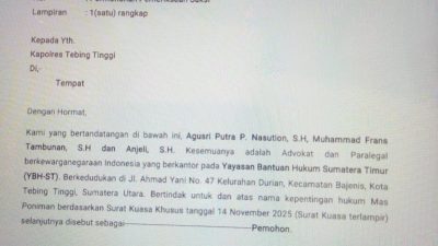 ‎YBH Sumatera Timur Ajukan Permohonan Pemeriksaan Saksi ke Polres Tebing Tinggi